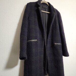 Zara Woman | Long Dark Navy Tartan Coat Medium
